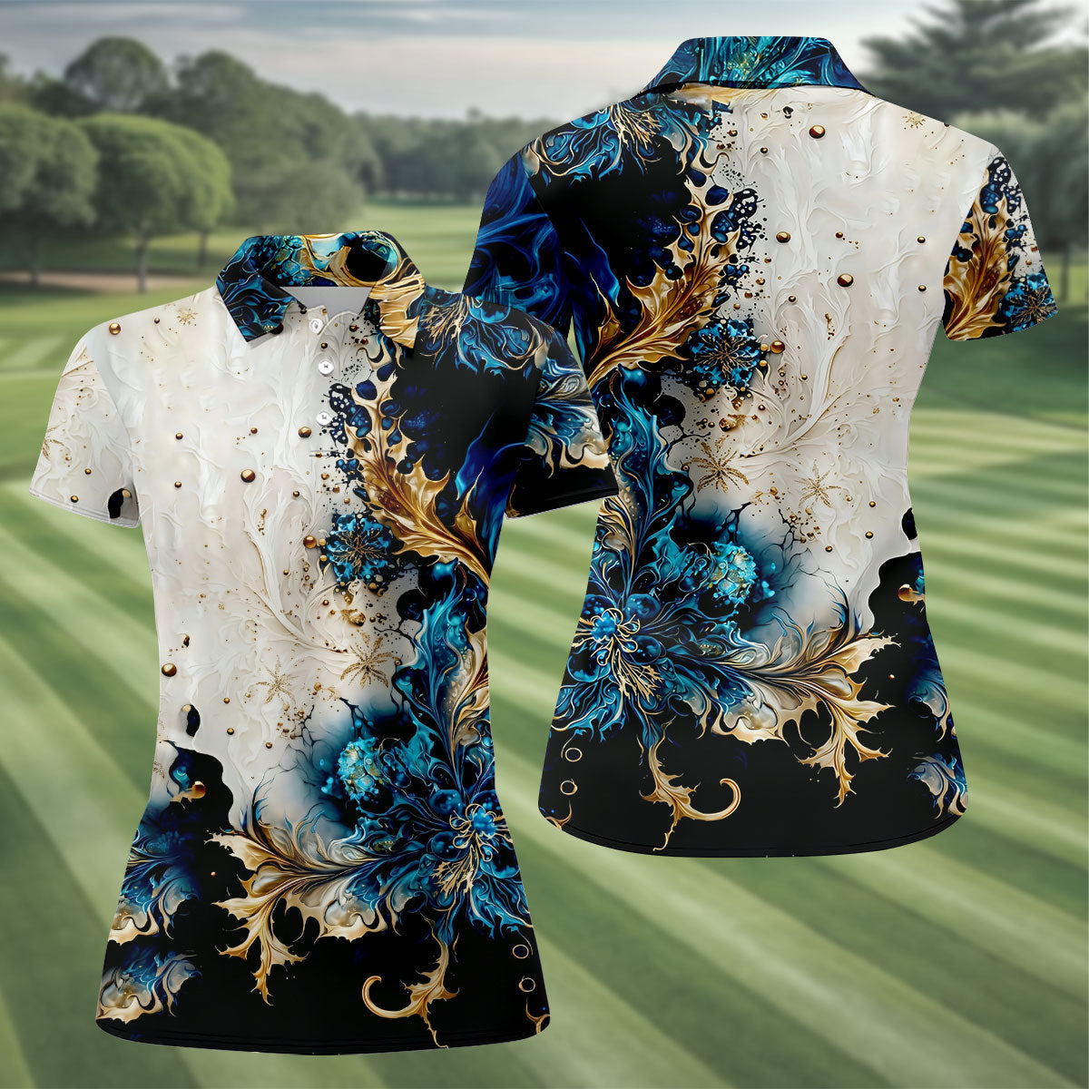 Metallic Flower Fractal Art Hawaiian Golf Shirt, Retro Golf Shirt, Women's Golf Tops