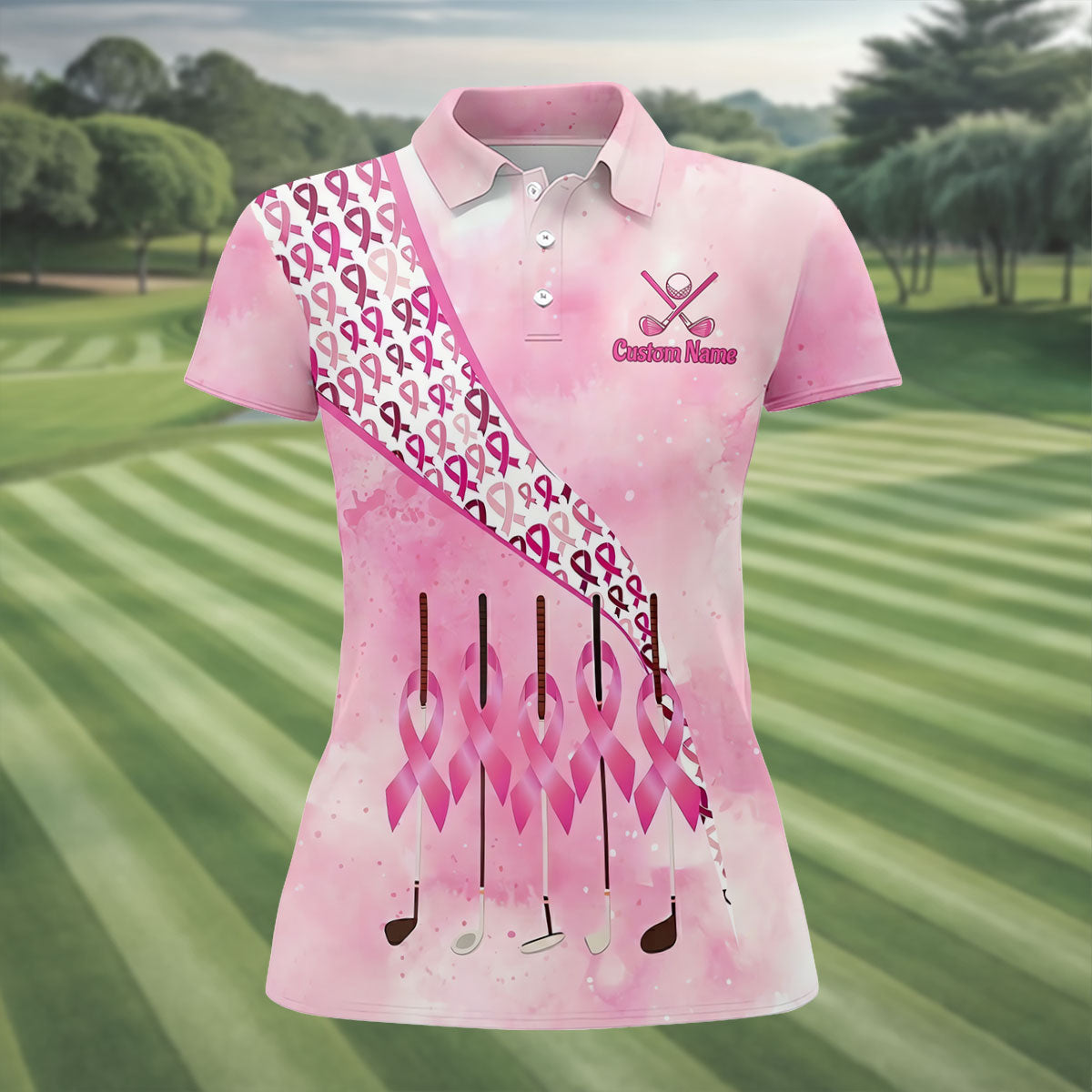 Custom Golf Club Breast Cancer Ribbon Polo Shirt, Womens Golf Tops, Ladies Golf Shirts