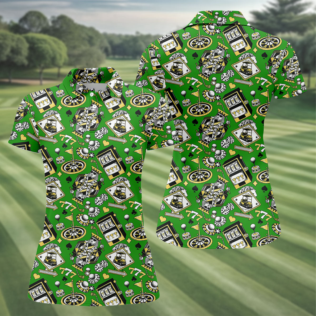 Casino Golf Pattern Green Hawaiian Golf Polo Shirt, Ladies Golf Shirt, Women's Golf Apparel