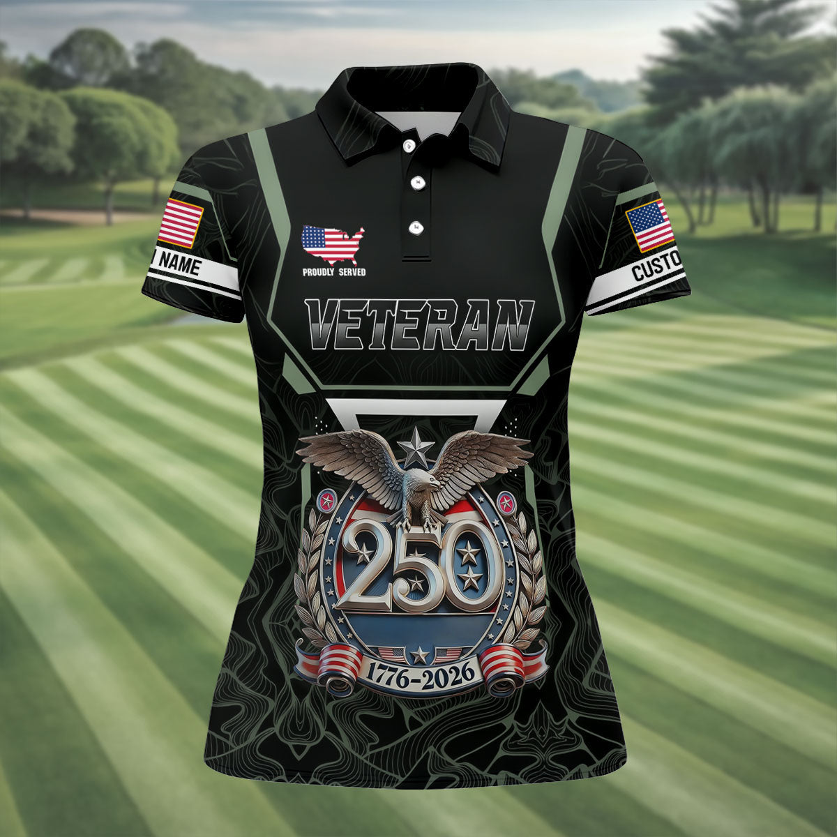 Personalized Veteran America 250 Polo Shirt Gray Accent, Women’s Golf Polo, Ladies Golf Shirts