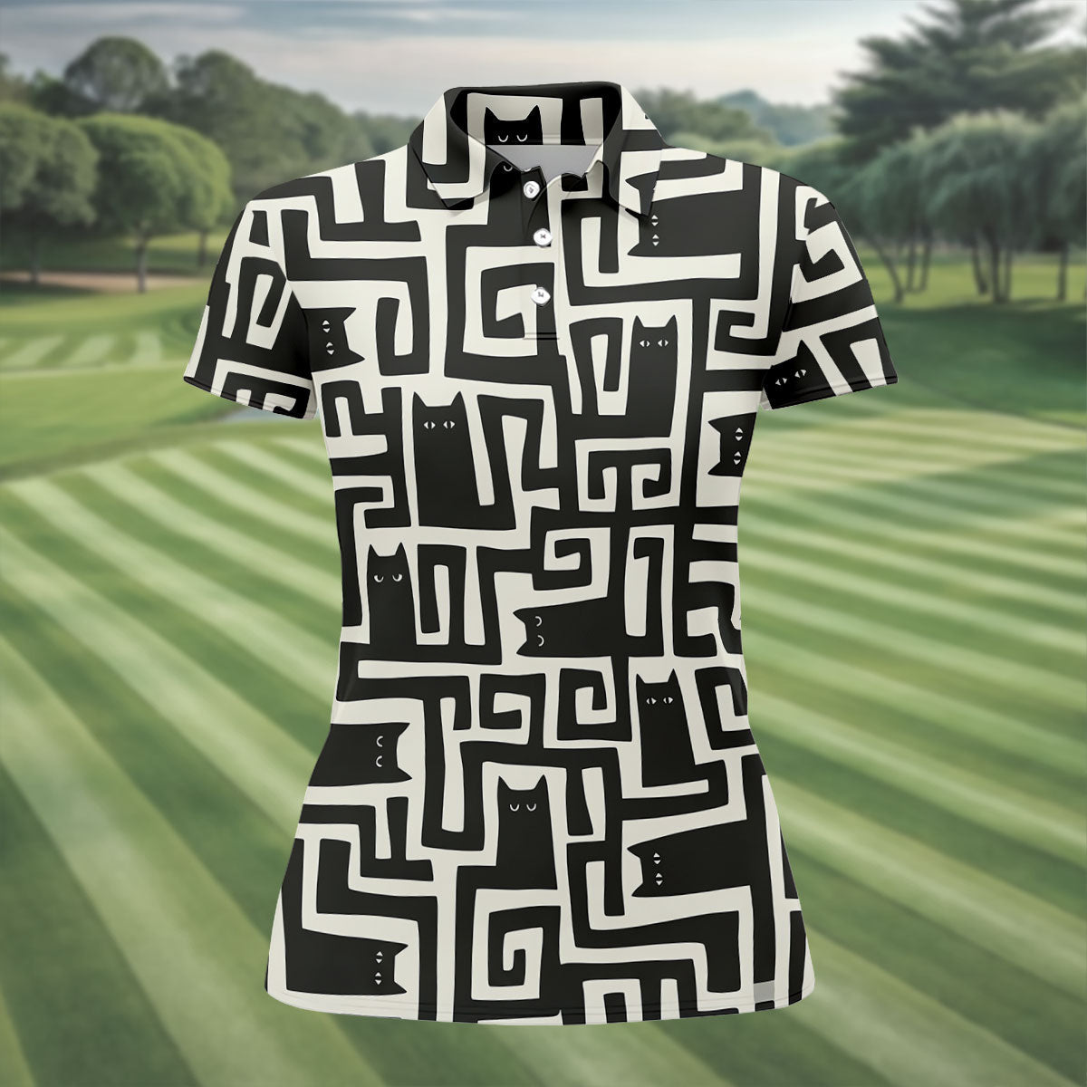 Minimalist Black Cat Maze Pattern Golf Polo Shirt, Women's Golf Tops, Golf Polo For Women