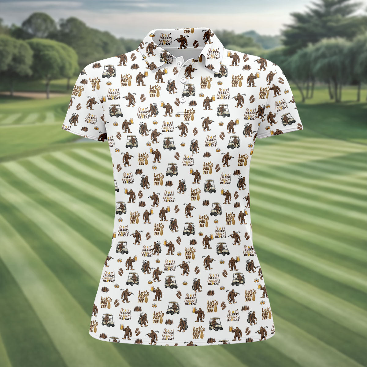 Let's Par Tee Bigfoot Golf Pattern Women's Golf Tops, Golf Shirts For Women, Women’s Golf Apparel