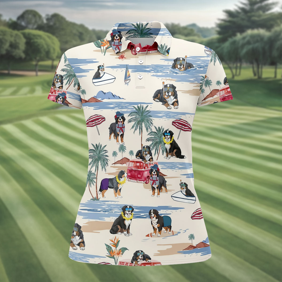 Tropical Bernese Mountain Dog Beach Hawaiian Golf Polo Shirt, Golf Polo For Women, Ladies Golf Top