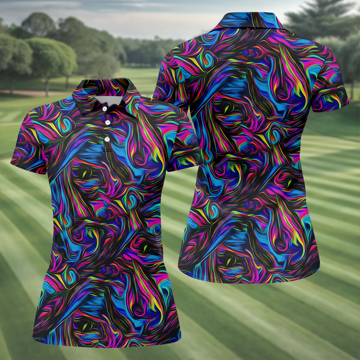 Vibrant Neon Liquid Marble Abstract Golf Shirt, Women’s Golf Tops, Women’s Golf Apparel
