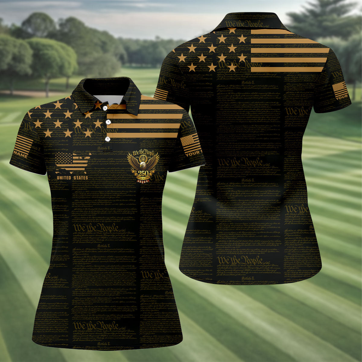 We The People Black And Gold Patriotic 4th Of July Golf Shirt, 250 Years Of Free Golf Shirt For Women
