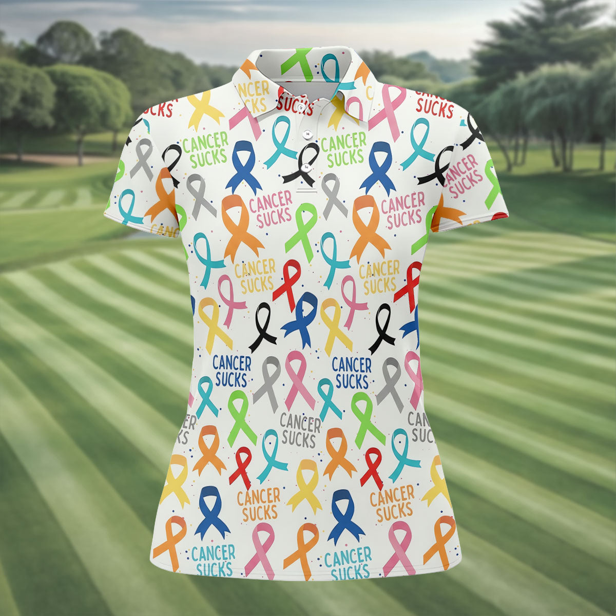 Cancer Sucks Multicolor Awareness Ribbon Polo Shirt, Ladies Golf Tops, Women’s Golf Polo