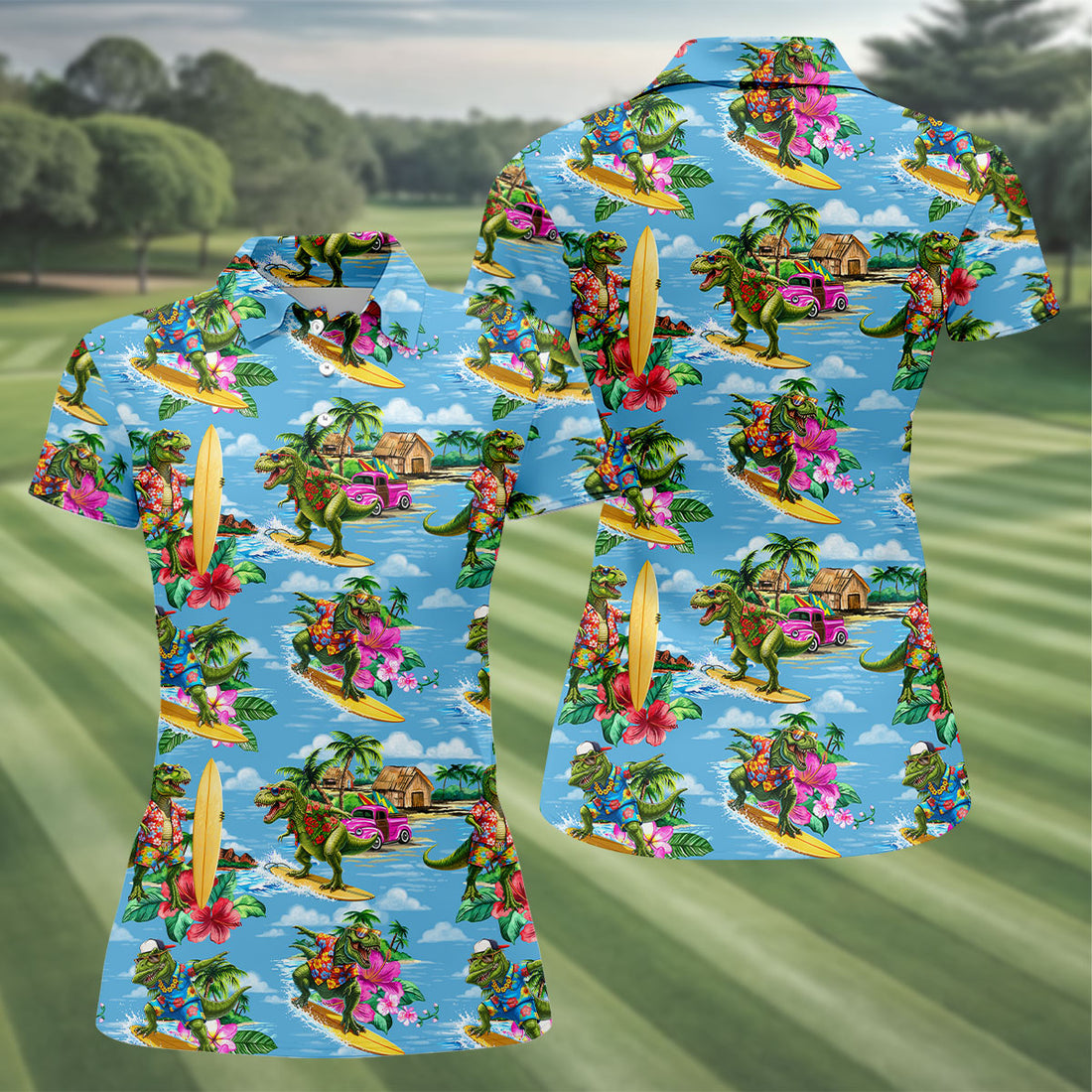 Hawaiian T Rex Surfboard Beach Hawaiian Golf Shirt, Golf Polo For Women, Printed Golf Shirt