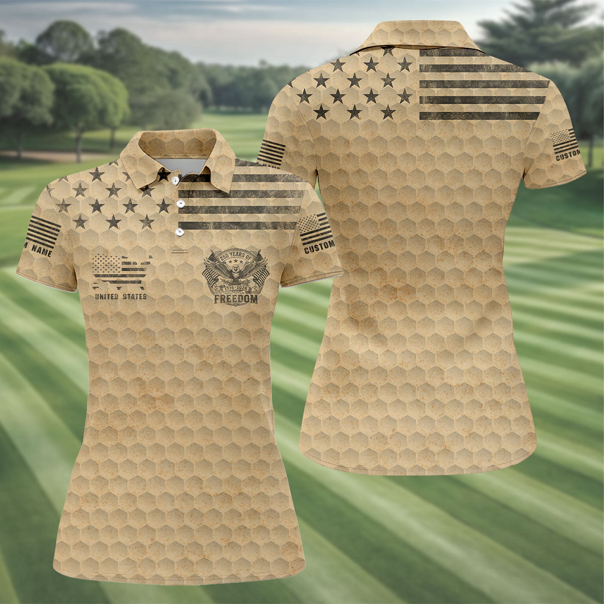 250 Years Of Freedom Distressed Golf Ball Pattern Patriotic Golf Shirt, 4th Of July Golf Shirt For Women