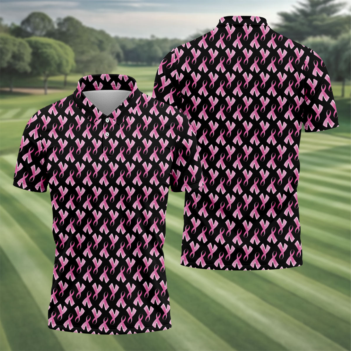 Pink Ribbon Pattern Breast Cancer Polo Shirt, Men's Golf Shirt, Mens Golf Apparel