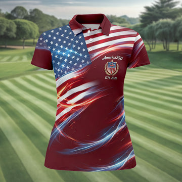 America 250 Light Effect American Flag Golf Shirt, Patriotic 4th Of July Golf Shirt For Women