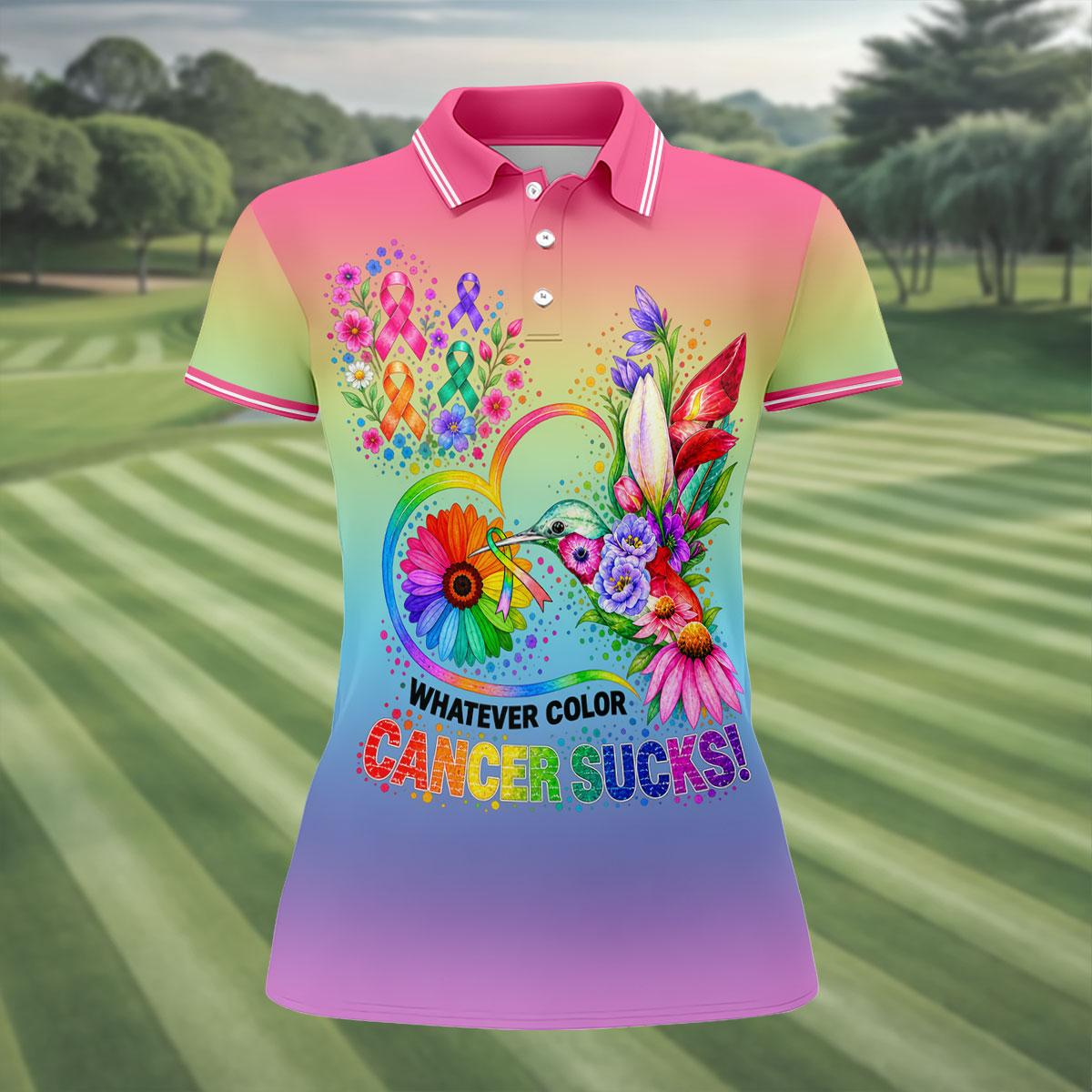 Whatever Color Cancer Sucks Hummingbird Polo Shirt, Ladies Golf Tops, Printed Golf Shirt