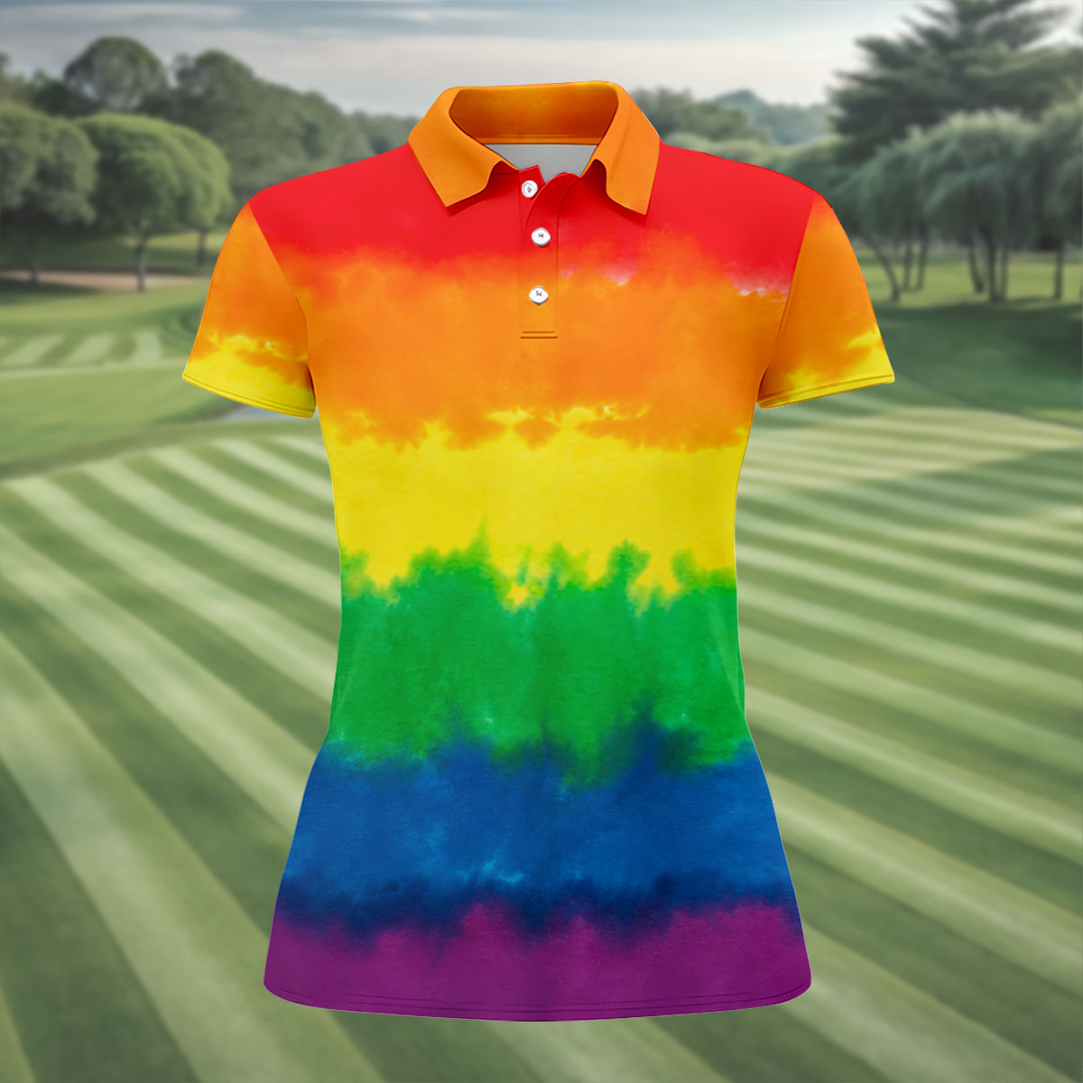 LGBT Rainbow Pride Month Celebrate Tie-Dye Print Ladies Golf Tops, Pride Colors Golf Shirt For Women