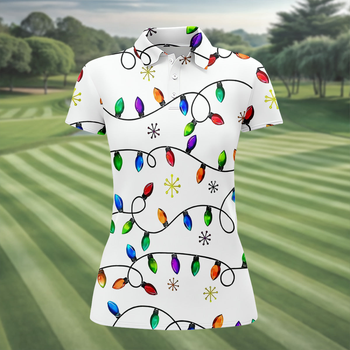 Christmas Light Print Fun Women's Golf Shirts, Christmas Golf Shirt, Unique Gift For Golfer, Ladies Golf Polos