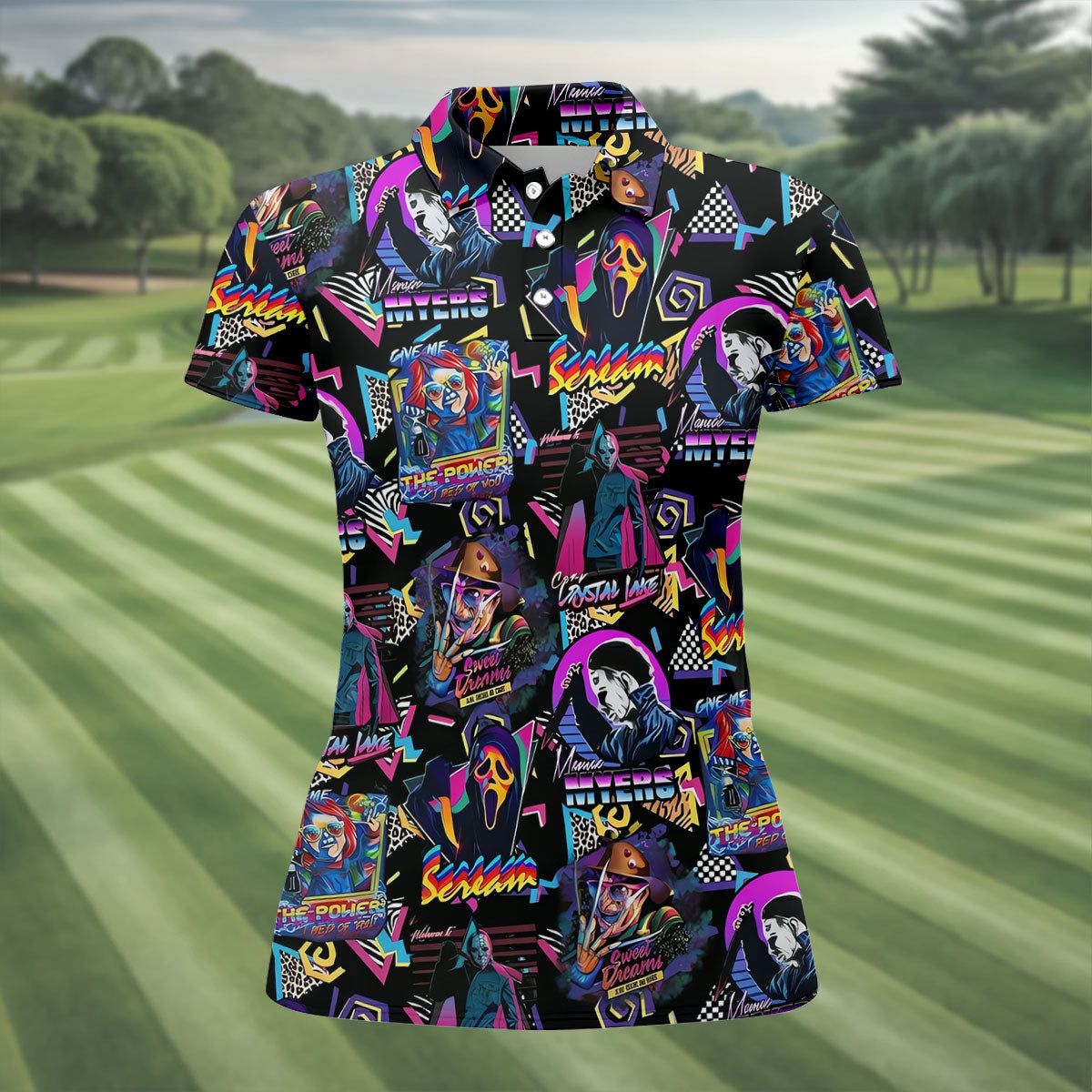 Retro Halloween Horror Character Hawaiian Golf Shirt, Women's Golf Tops, Golf Shirts For Women