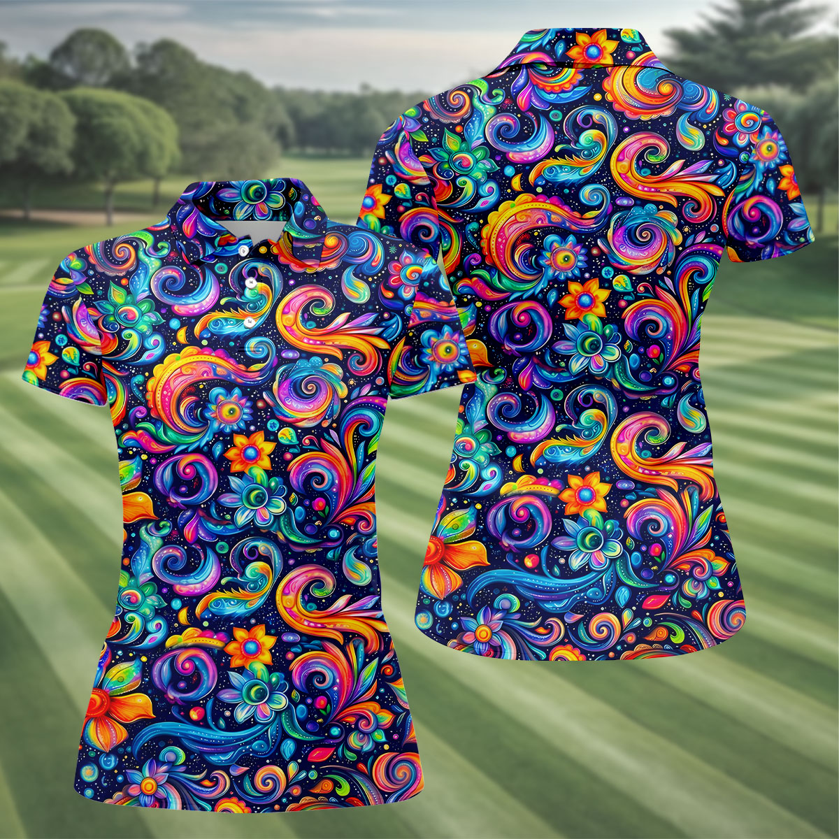 Colorful Psychedelic Swirl Floral Hawaiian Golf Shirt, Women’s Golf Tops, Printed Golf Shirt