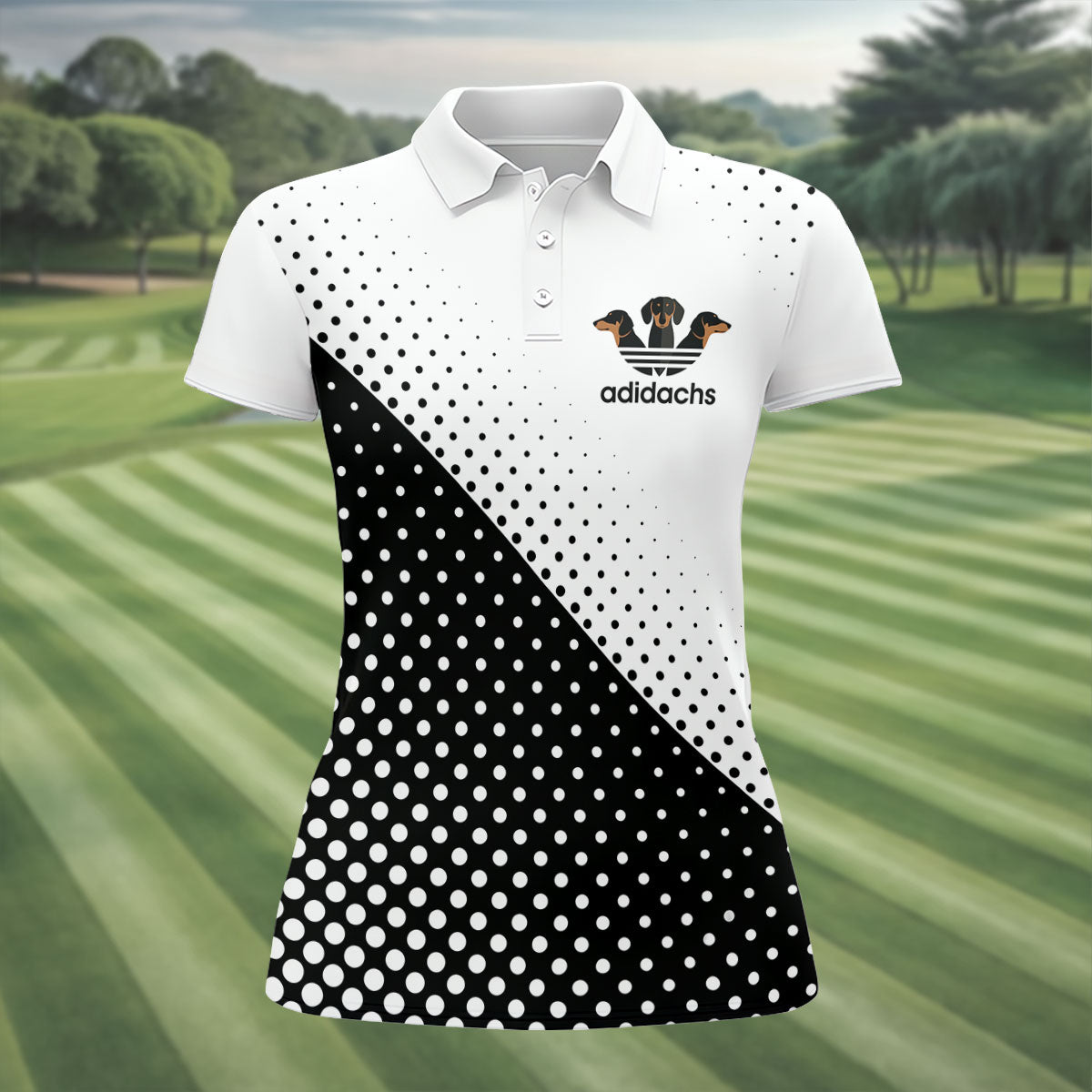 Adidachs Funny Dachshund White Golf Shirt, Fun Women's Golf Shirts, Ladies Golf Shirts