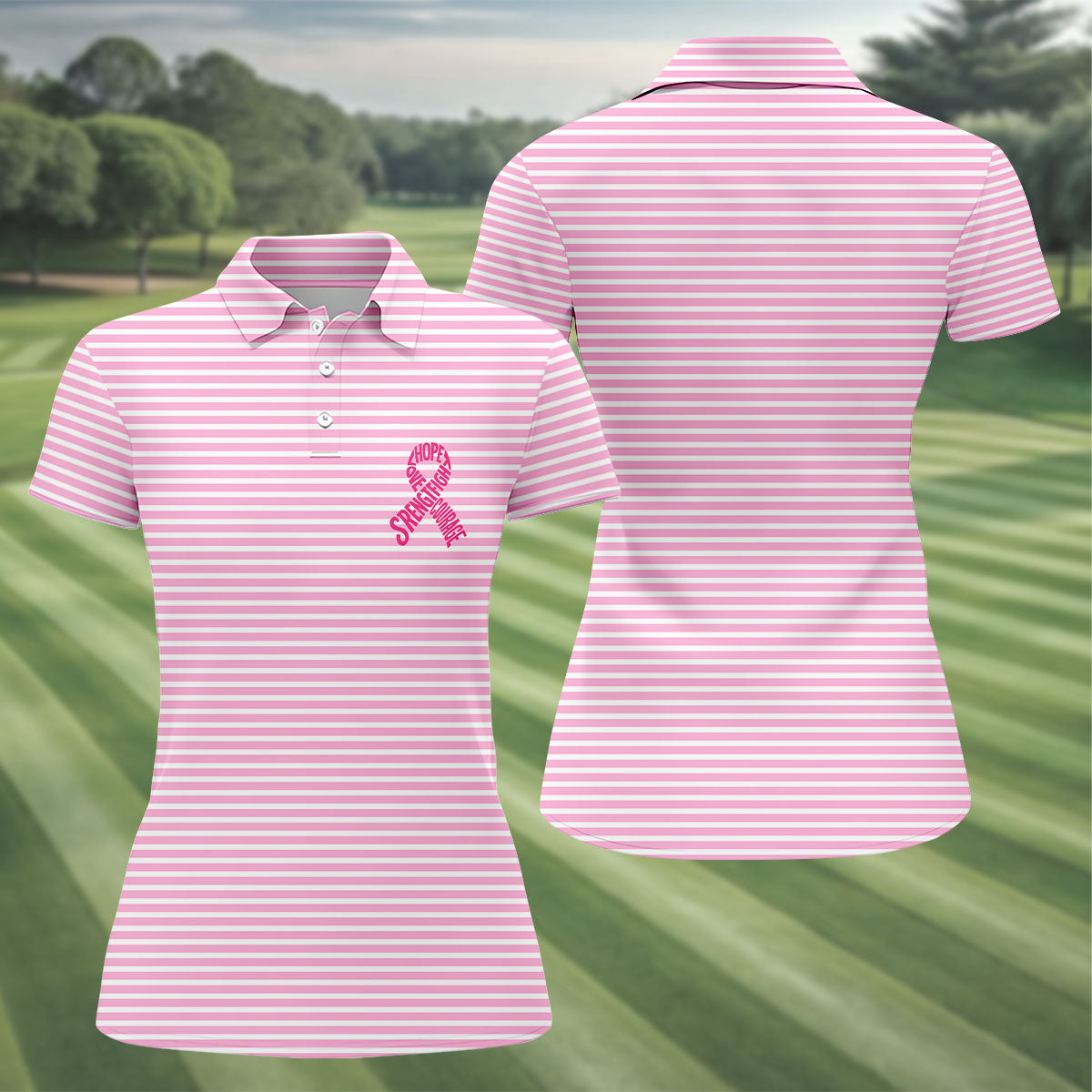 Hope Love Strength Courage Breast Cancer Polo Shirt, Women’s Golf Polo, Ladies Golf Shirts