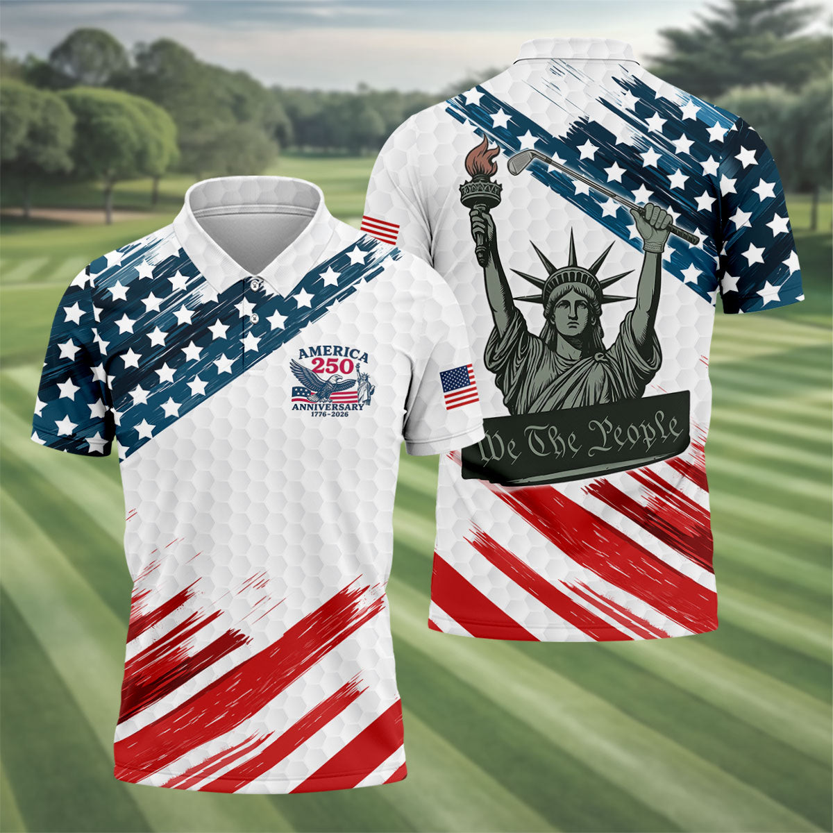 We The People Funny Statue Of Liberty US Flag Golf Shirt, 250 Years 4th Of July Golf Shirts For Men