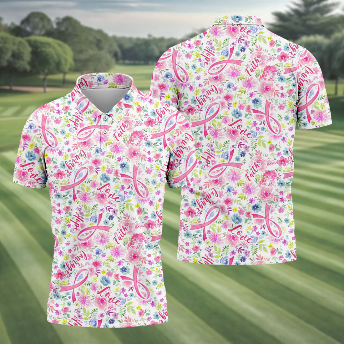 Faith Hope Love Floral Breast Cancer Polo Shirt, Golf Shirts For Men, Printed Golf Shirts