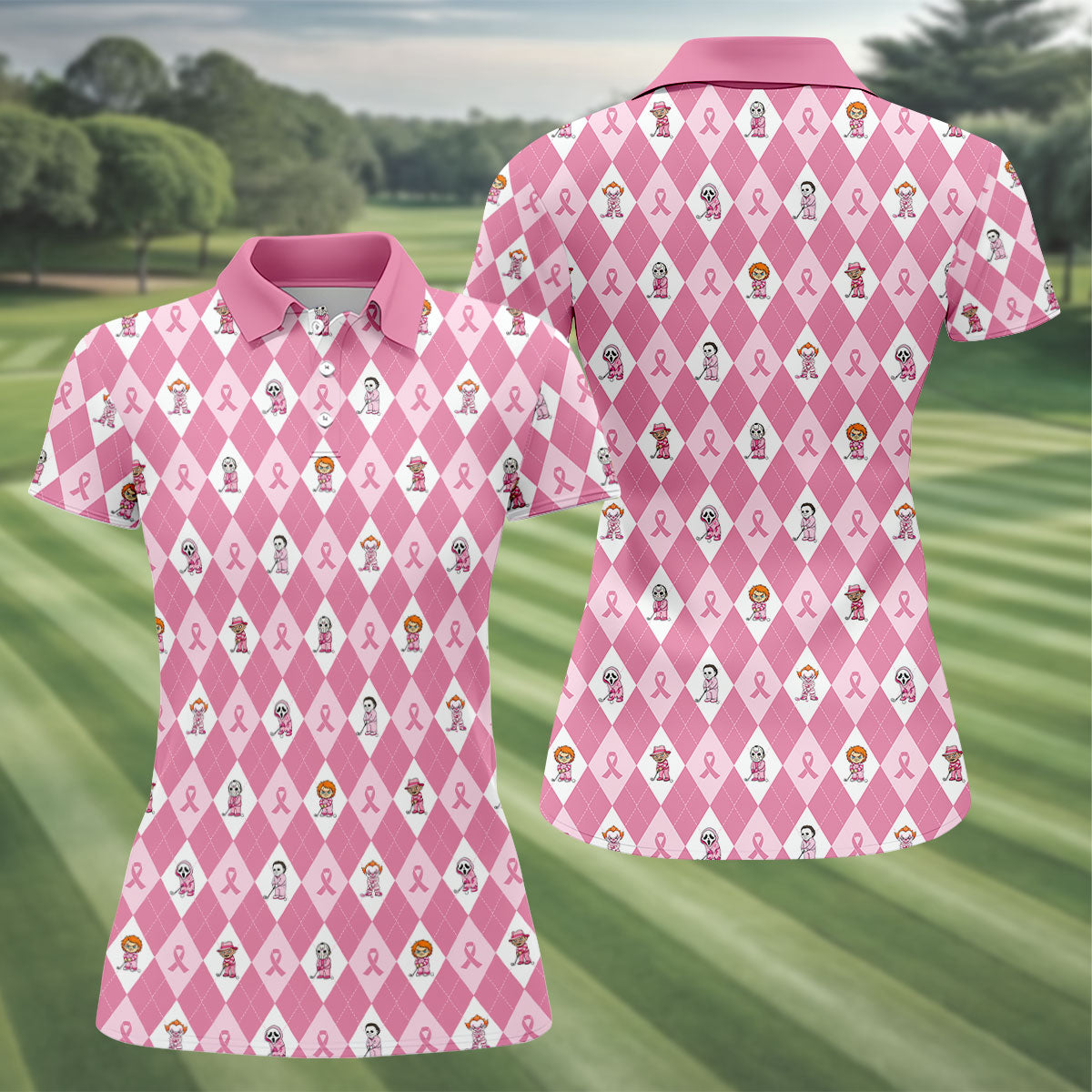 Pink Argyle Horror Character Breast Cancer Polo Shirt, Women's Golf Polo, Golf Tops For Women