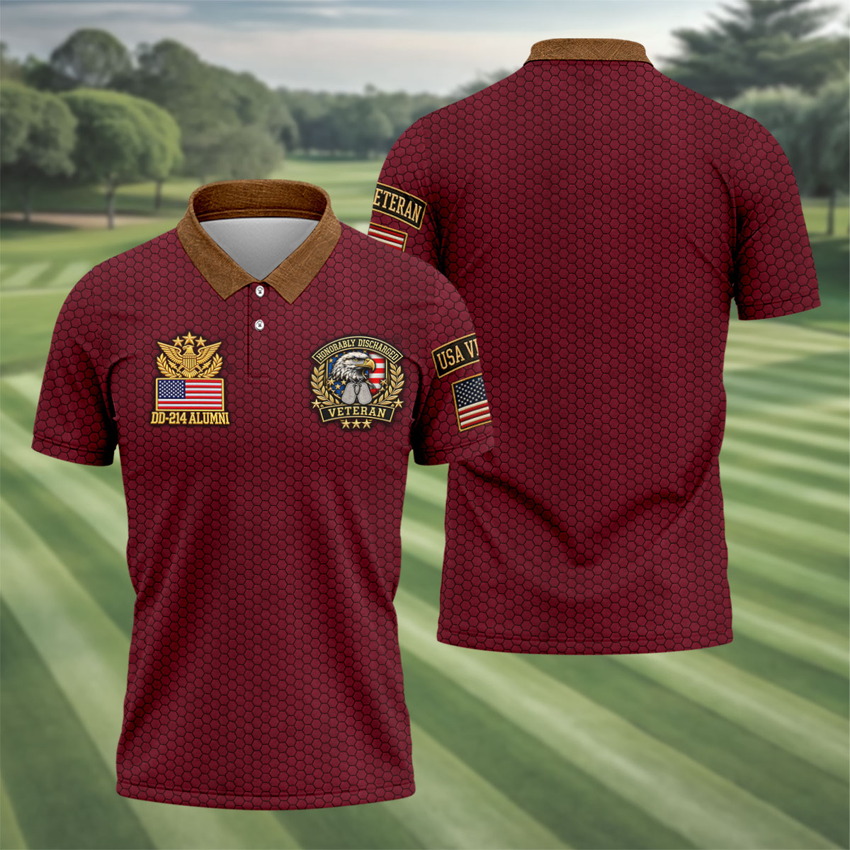 DD-214 Burgundy Honeycomb Veteran Polo Shirt, Veterans Day Shirt, Golf Shirts For Men