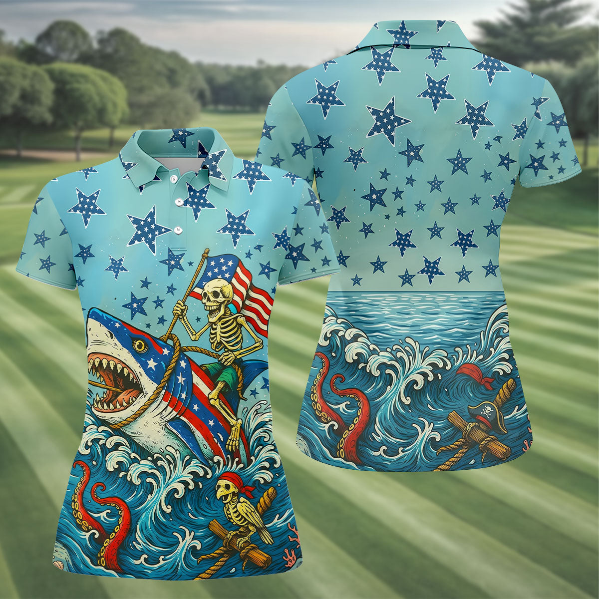 Skeleton Riding Shark Patriotic Golf Shirt, 4th Of July Golf Shirt, 250 Years Golf Shirt For Women