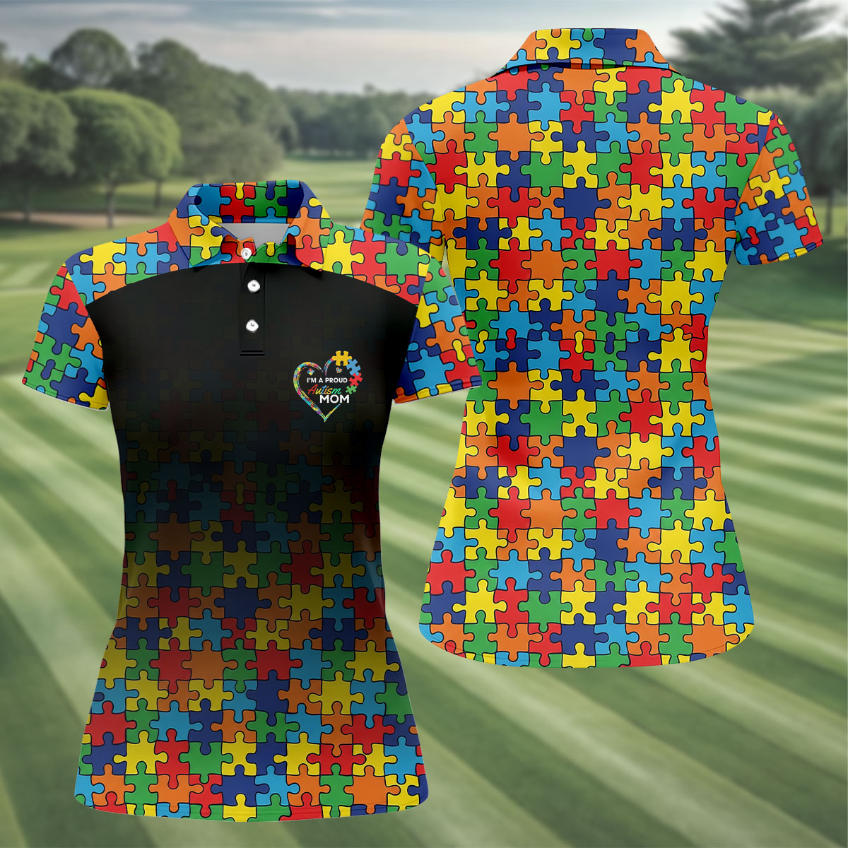 I'm A Proud Autism Mom Autism Awareness Puzzle Pattern Black Fade Women's Golf Tops, Golf Gifts For Mom