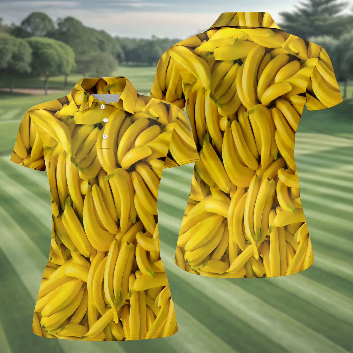 Realistic Banana Print Hawaiian Golf Shirt, Golf Tops For Women, Performance Golf Shirt