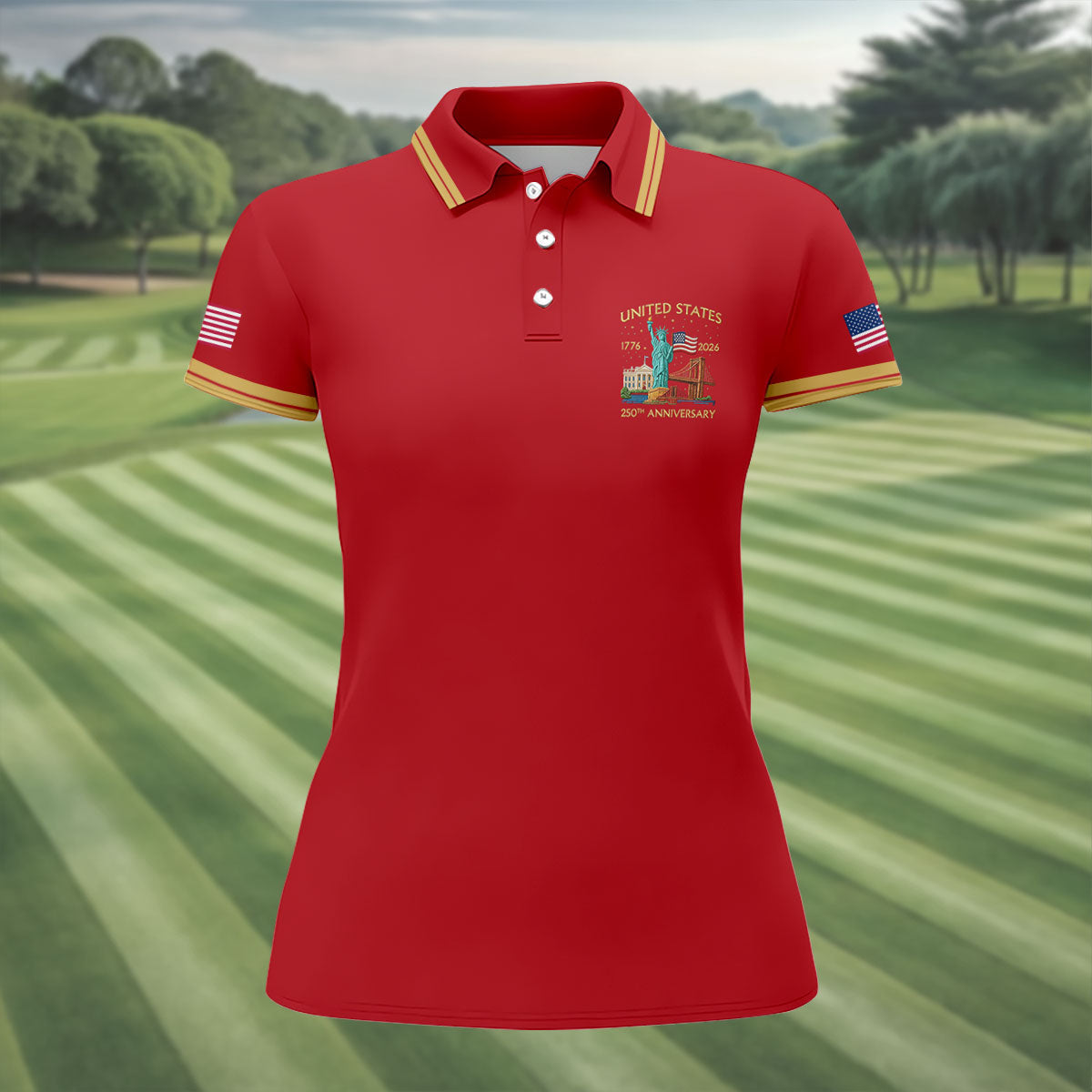 American Symbols Red Patriotic Golf Shirt, US 250 Years 4th Of July Golf Shirt For Women