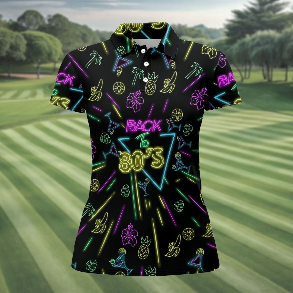 Back To 80's Neon Pattern Hawaiian Golf Shirt, Tropical Vibe Golf Shirt For Women