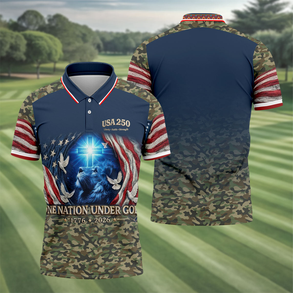 One Nation Under God Faith Cross USA 250 Navy Camo Golf Shirt, 4th Of July Golf Shirts For Men