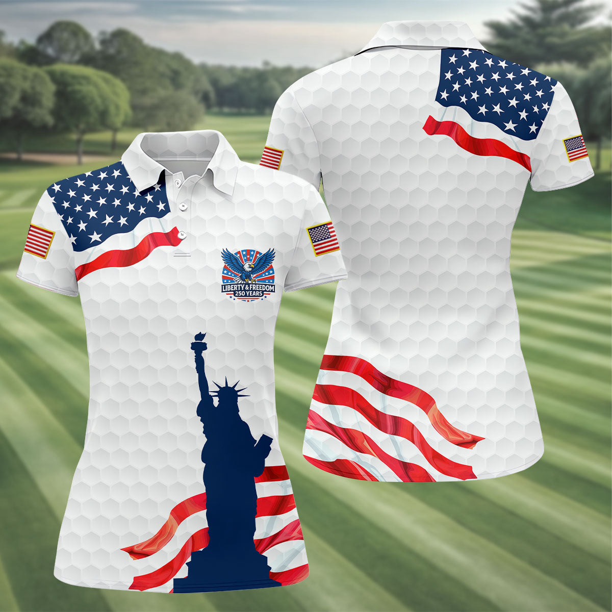 Liberty And Freedom 250 Years Golf Ball Pattern Patriotic Golf Shirt, 4th Of July Golf Shirt For Women