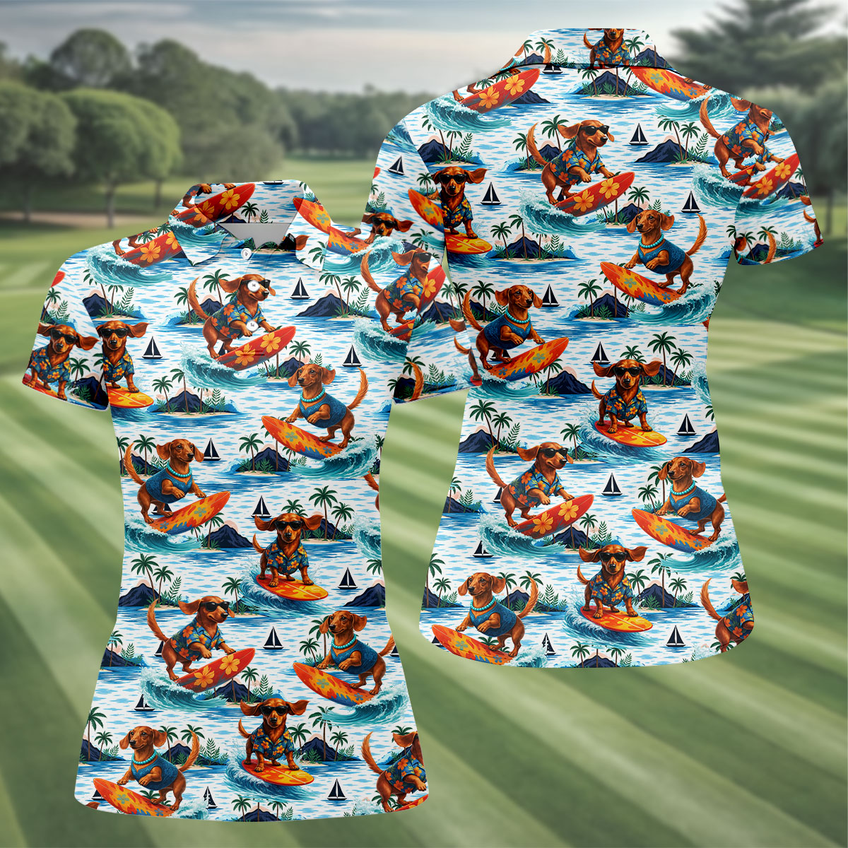 Funny Dachshund Surfing Beach Hawaiian Golf Shirt, Summer Vibe Golf Shirt For Women