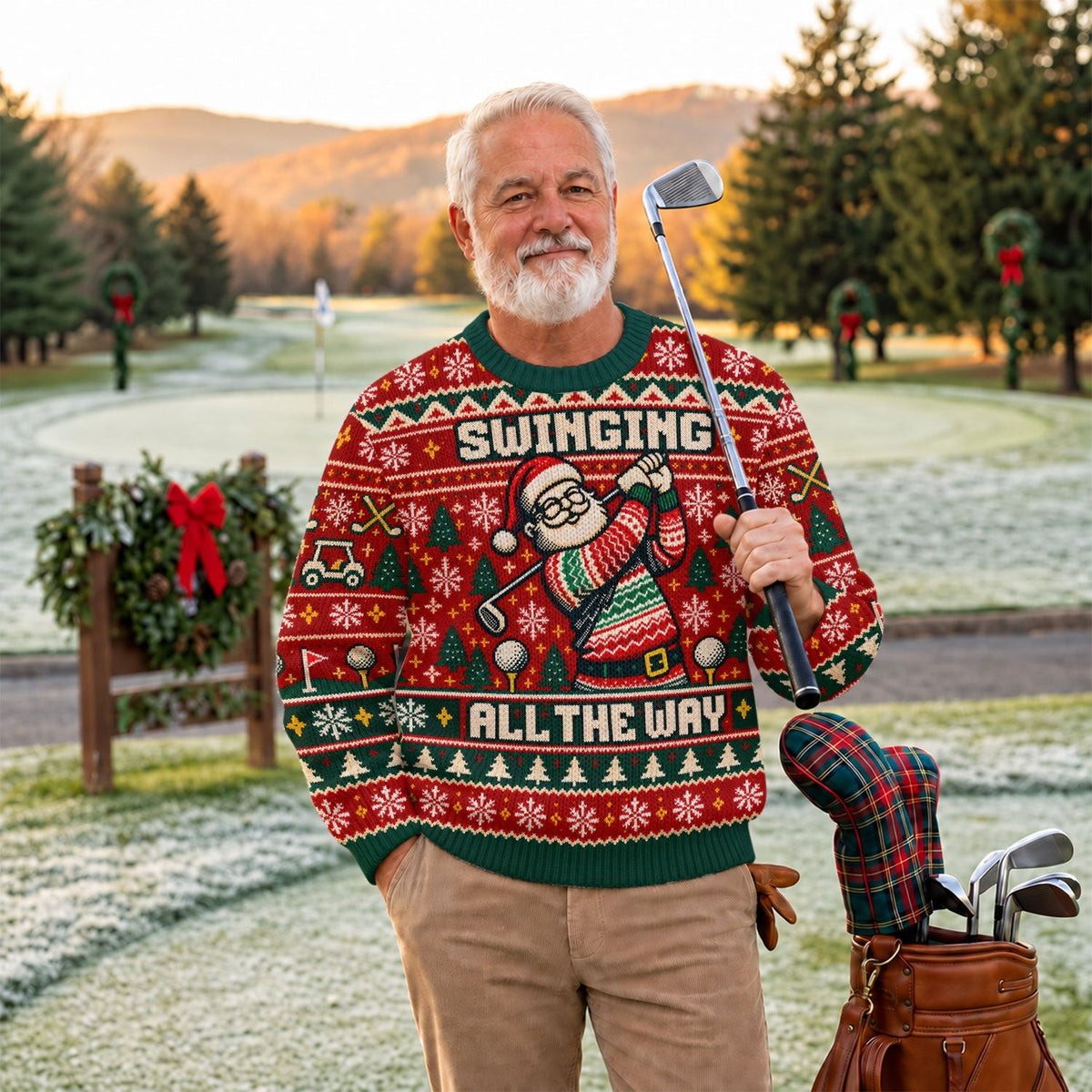 Santa Swinging All The Way Ugly Christmas Sweater, Christmas Sweaters, Golf Gifts