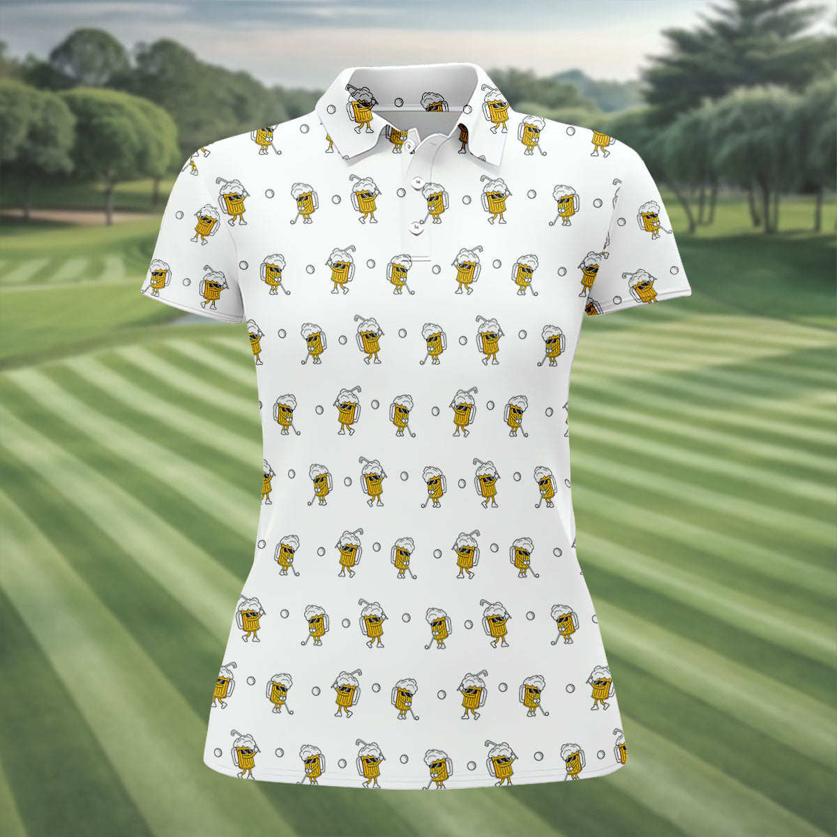 Cartoon Beer Mug Golfer Pattern Golf Polo Shirt, Women’s Golf Polo, Ladies Golf Shirts