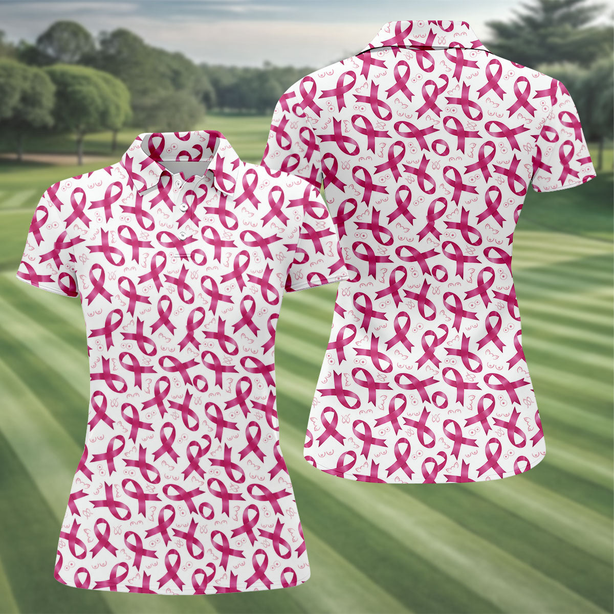 Glossy Pink Ribbon Breast Cancer Polo Shirt, Women’s Golf Polo, Ladies Golf Shirts