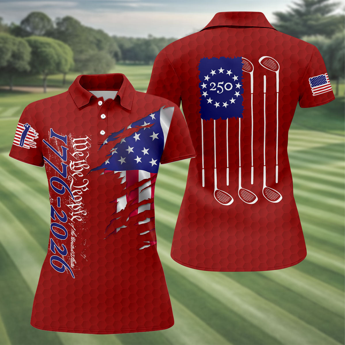 We The People Distressed American Flag Red Golf Shirt, 4th Of July Golf Shirt For Women