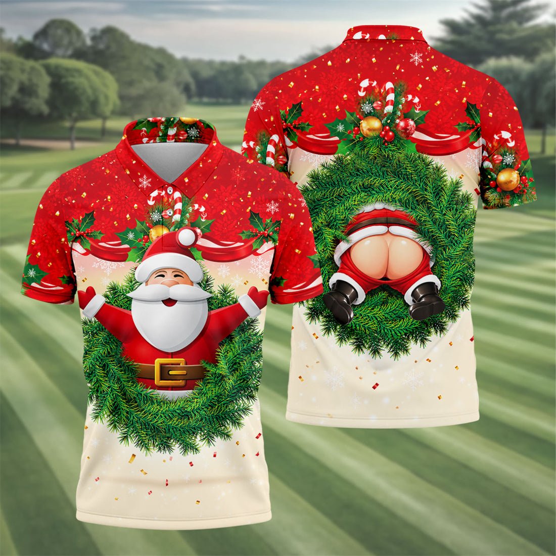 Festive Christmas Santa Wreath Golf Polo Shirt, Mens Golf Polo, Golf Shirts For Men