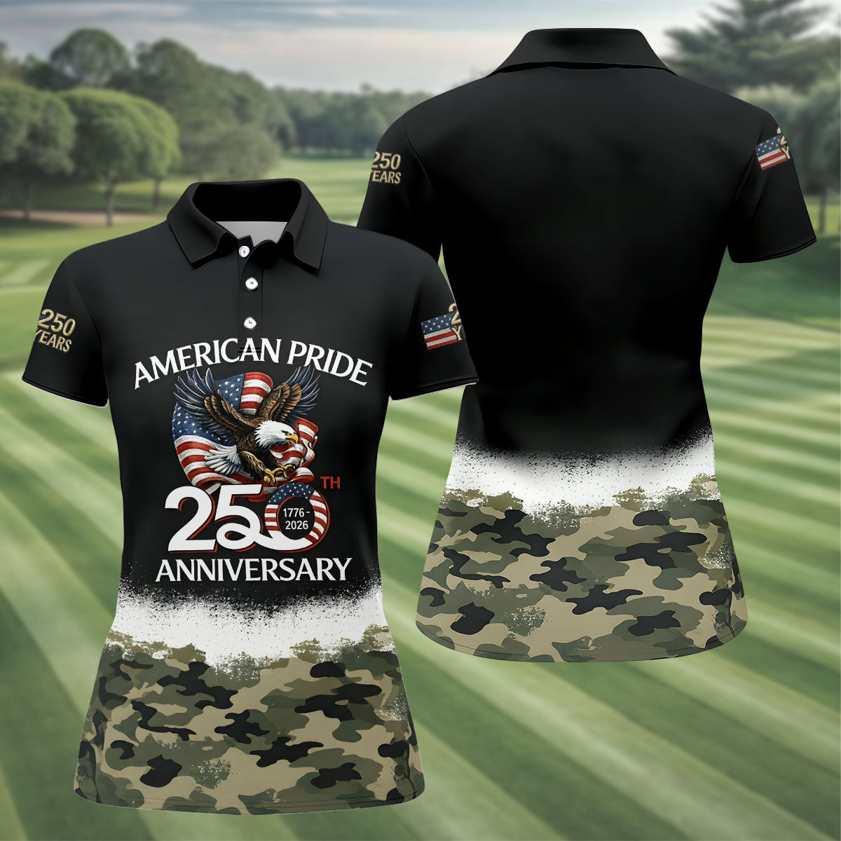 American Pride 250th Anniversary Camo Golf Shirt, Patriotic 4th Of July Golf Shirt For Women