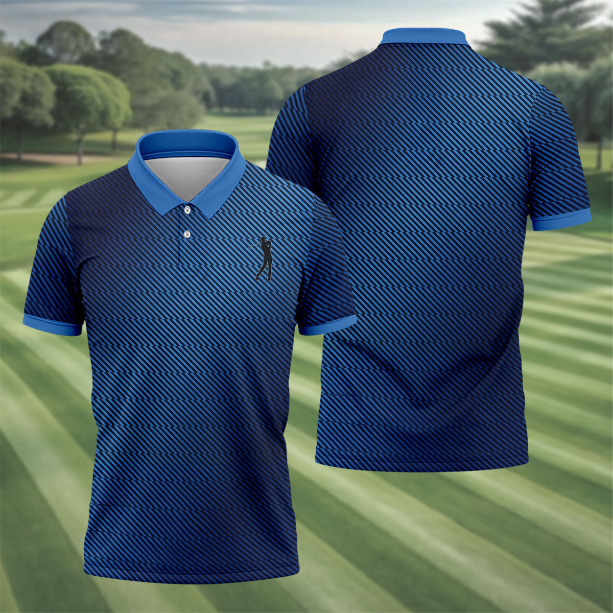 Retro Abstract Gradient Stripe Blue Lines Golf Shirt, Patriotic 4th Of July Golf Shirts For Men