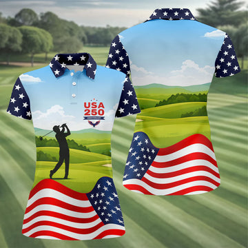 USA 250th Anniversary American Flag Golf Shirt, Patriotic 4th Of July Golf Shirt For Women