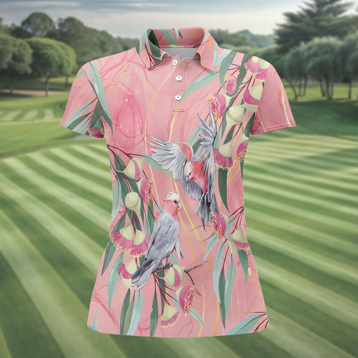 Pink Cockatoo Eucalyptus Floral Polo Shirt, Hawaiian Golf Shirt, Golf Tops For Women
