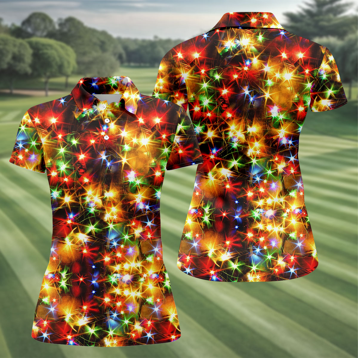 Colorful Christmas Lights Women's Golf Tops, Christmas Golf Shirt, Ladies Golf Polos, Golf Gift For Ladies