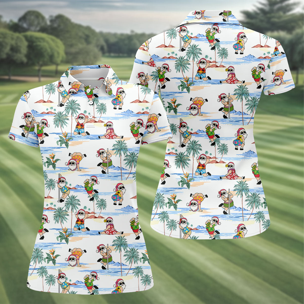 Beach Party Santa Christmas Golf Shirt, Women's Golf Tops, Printed Golf Shirt, Golf Polo For Women