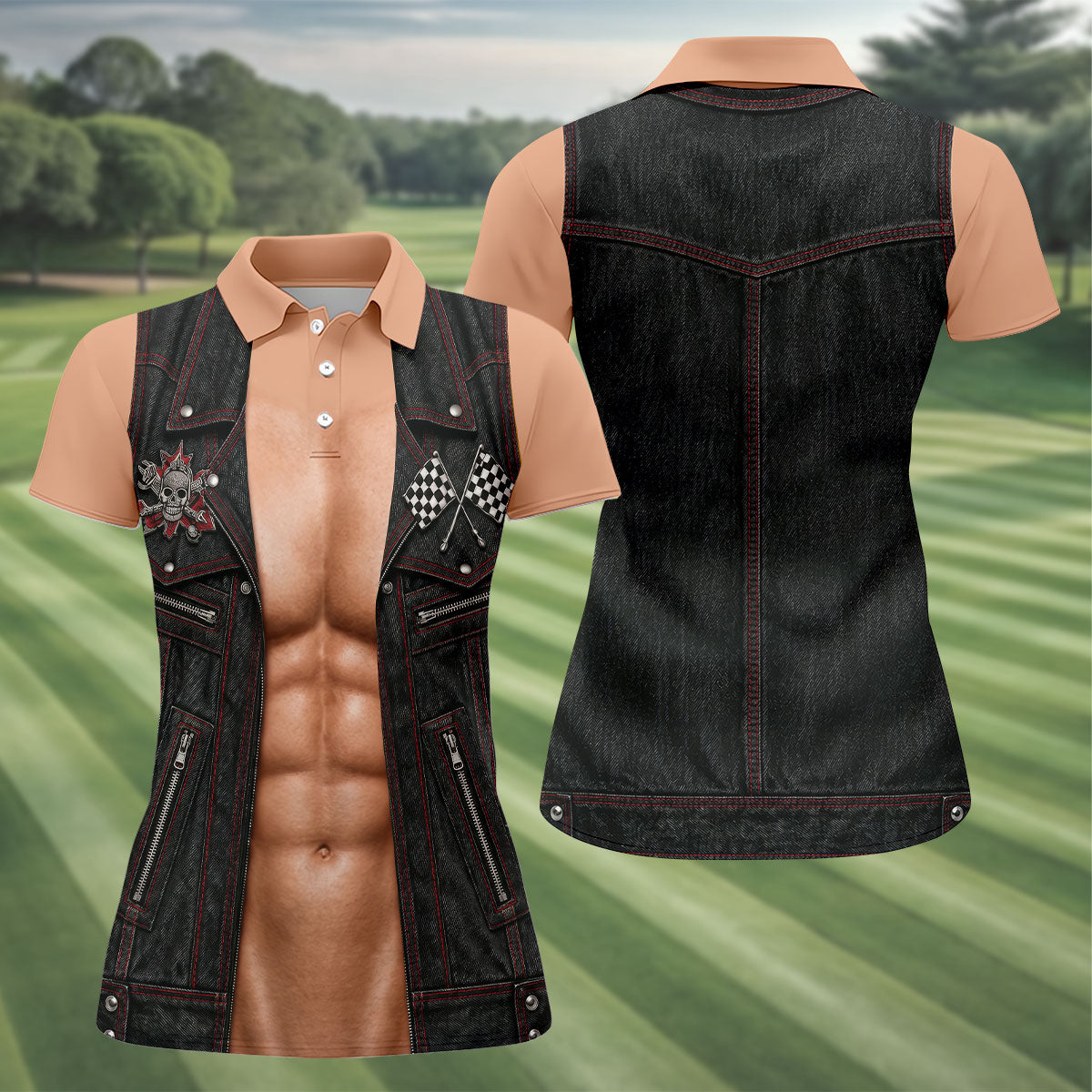 Black Red Racing Leather Vest Golf Polo Shirt, Ladies Golf Shirts, Women's Golf Apparel