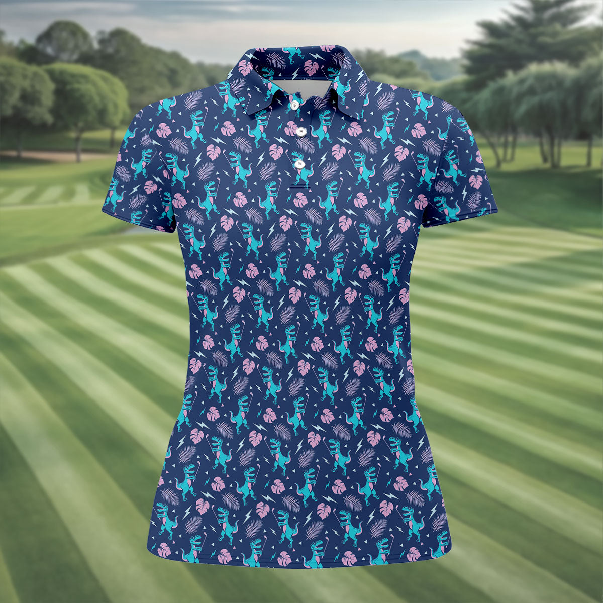 Funny Dinosaur Golfer Tropical Pattern Polo Shirt, Womens Golf Tops, Ladies Golf Shirts