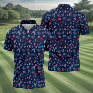 250th Anniversary Doodle Style Neon Pattern Golf Tops For Men, Patriotic 4th Of July Golf Shirts For Men