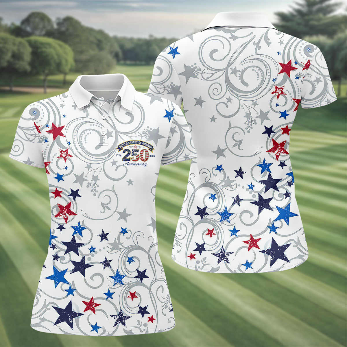 United States Of America 250 Anniversary Patriotic 4th Of July Golf Shirt, Red Blue Stars Golf Shirt For Women