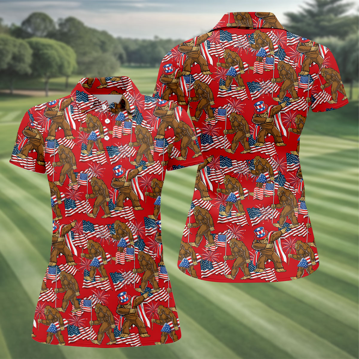 US Flag Pattern 250 Years Bigfoot Golf Shirt, Patriotic 4th Of July Golf Shirt For Women