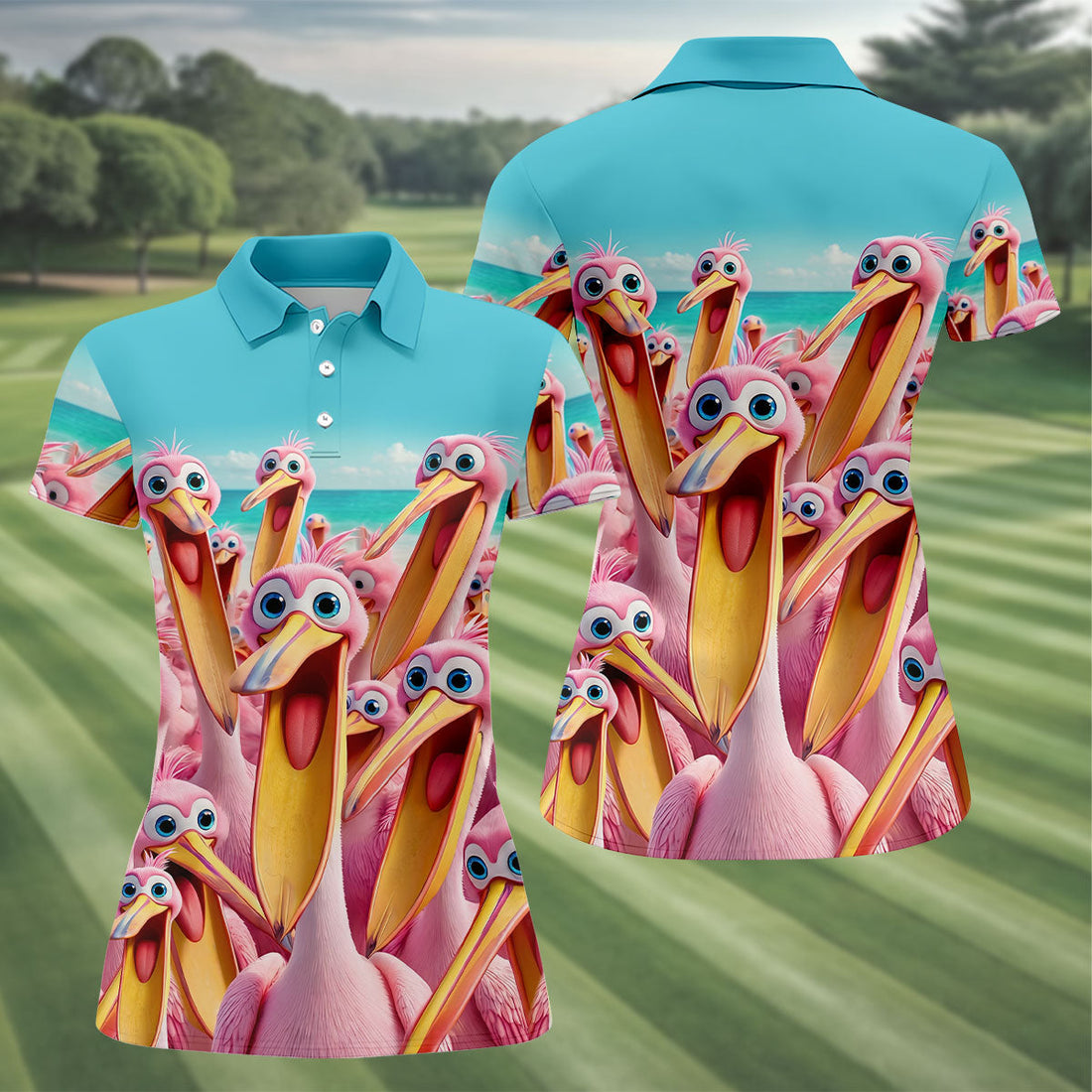 Funny Pink Pelican Beach Crowd Golf Shirt, Women's Golf Shirt, Hawaiian Golf Shirt, Golf Polo For Women